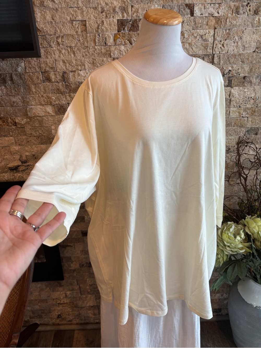 Lands' End Soft Cream 3/4 Sleeve Relaxed Crew Tee